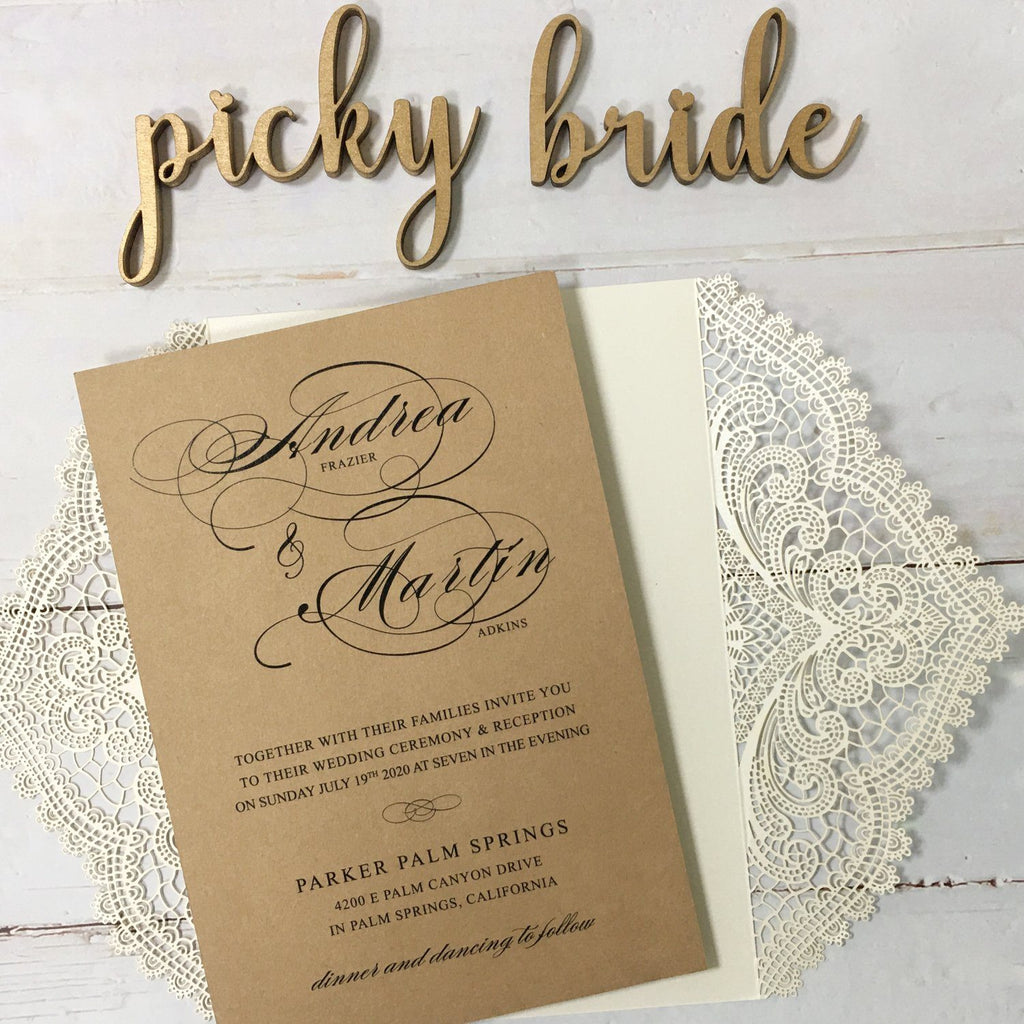 Picky Bride Vintage Wedding Invitations with Kraft Paper Envelopes Rustic Wedding Cards Customized Wording Picky Bride