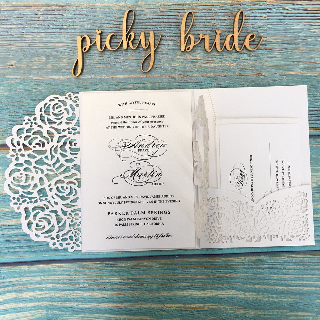 Picky Bride White Wedding Invitations, 3D Laser Cut Wedding Invitations With RSVP Cards Bridal shower Invitations Picky Bride