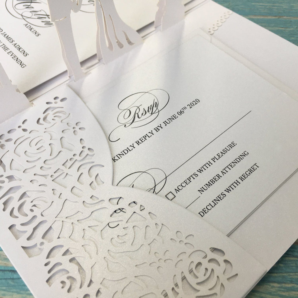 Picky Bride White Wedding Invitations, 3D Laser Cut Wedding Invitations With RSVP Cards Bridal shower Invitations Picky Bride