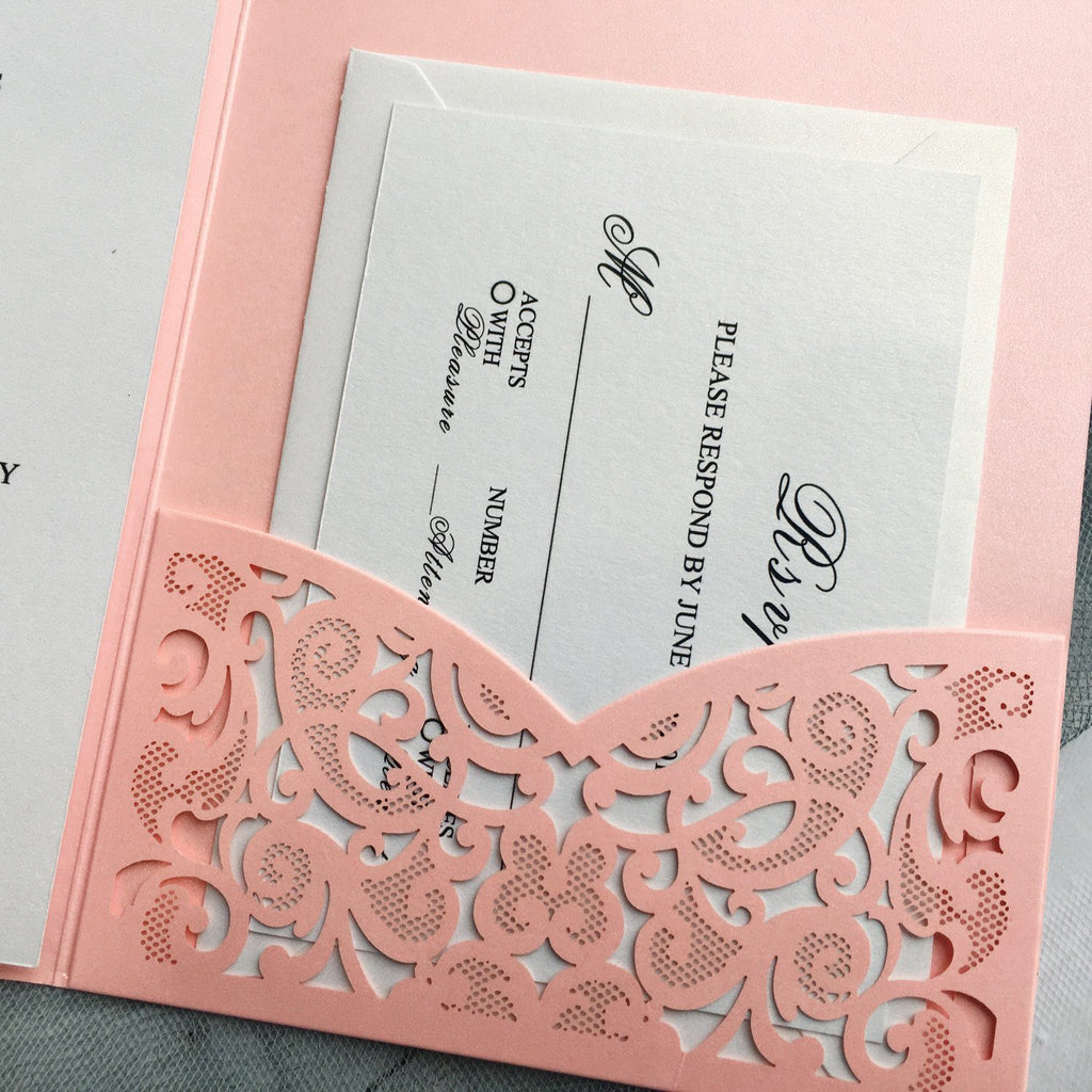 Pink Laser Cut Wedding Invitation suit, Unique Wedding Invitation Cards With RSVP Picky Bride