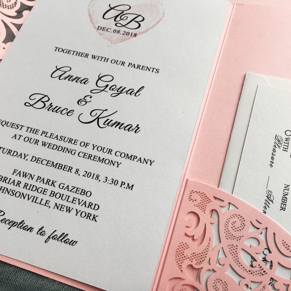 Pink Laser Cut Wedding Invitation suit, Unique Wedding Invitation Cards With RSVP Picky Bride