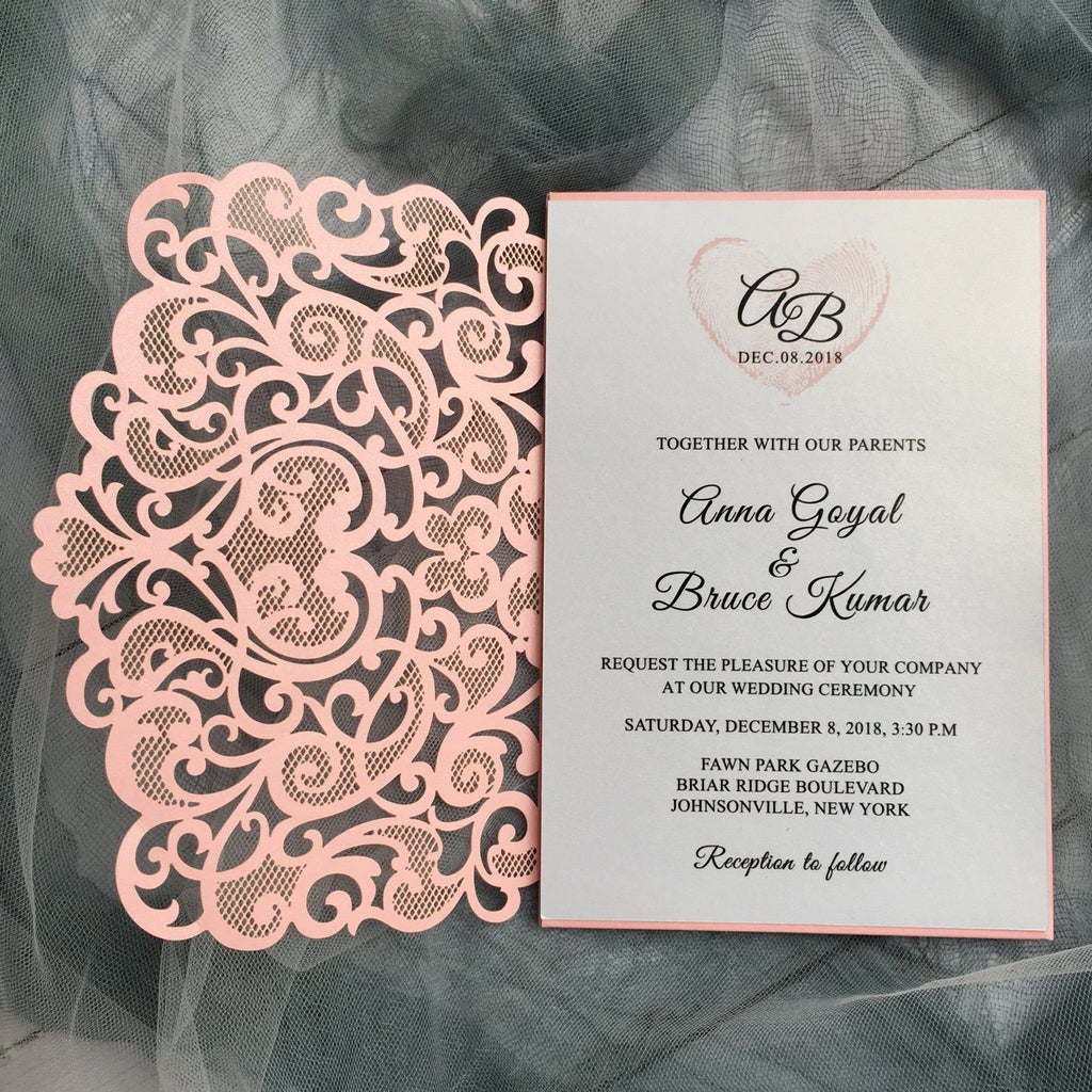 Pink Laser Cut Wedding Invitation suit, Unique Wedding Invitation Cards With RSVP Picky Bride