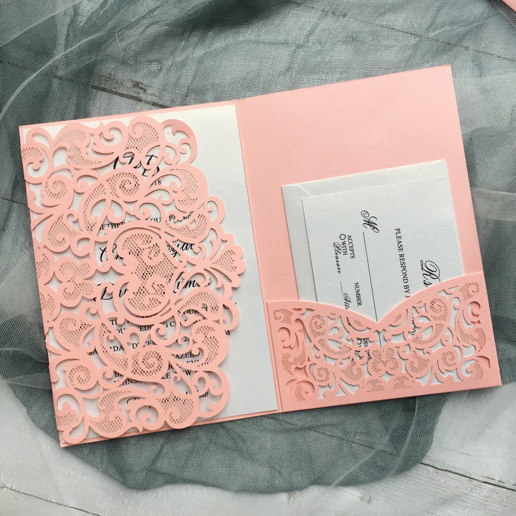 Pink Laser Cut Wedding Invitation suit, Unique Wedding Invitation Cards With RSVP Picky Bride