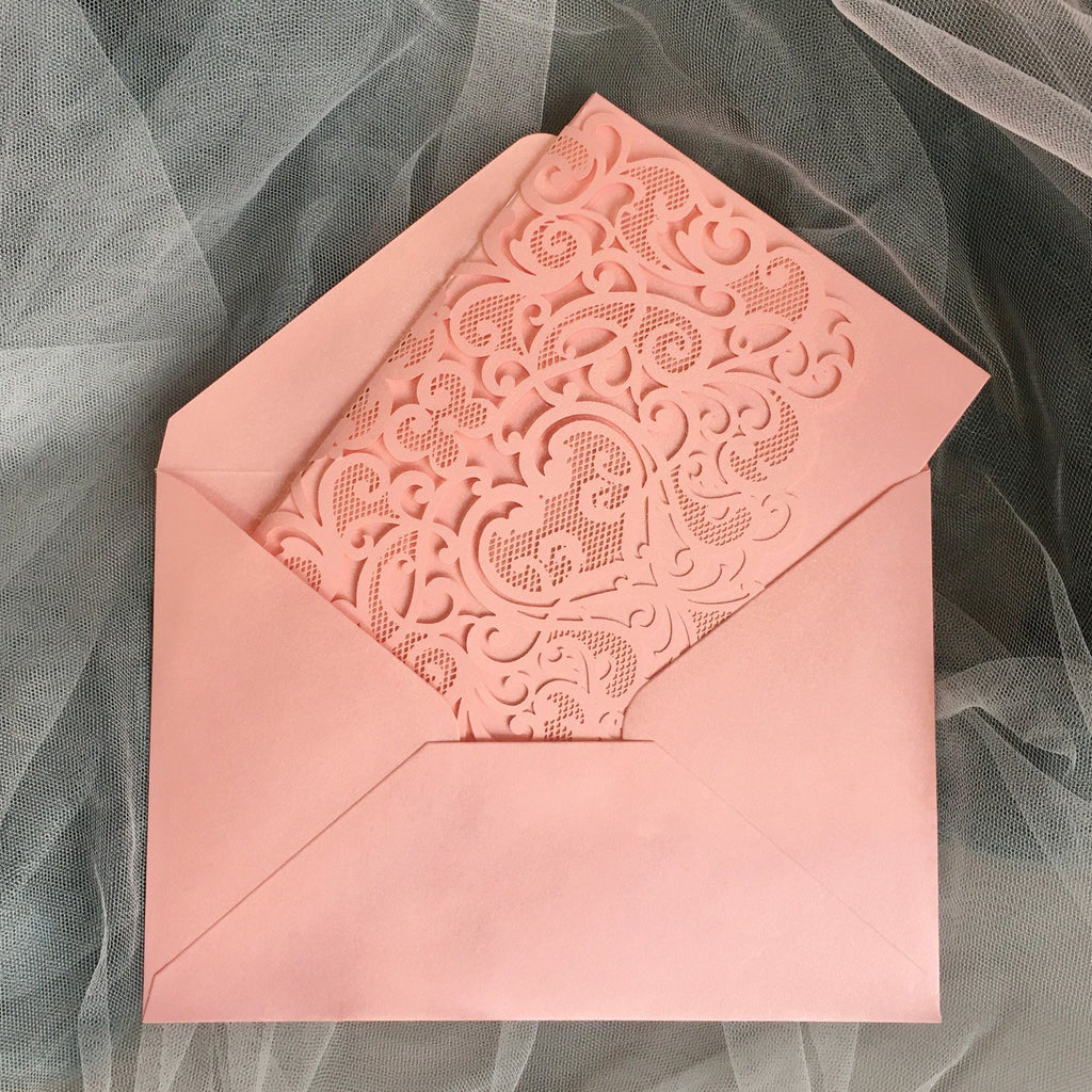 Pink Laser Cut Wedding Invitation suit, Unique Wedding Invitation Cards With RSVP Picky Bride