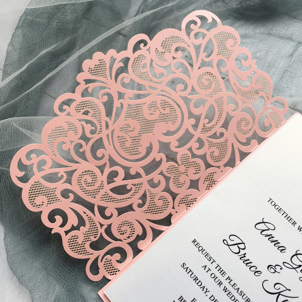 Pink Laser Cut Wedding Invitation suit, Unique Wedding Invitation Cards With RSVP Picky Bride