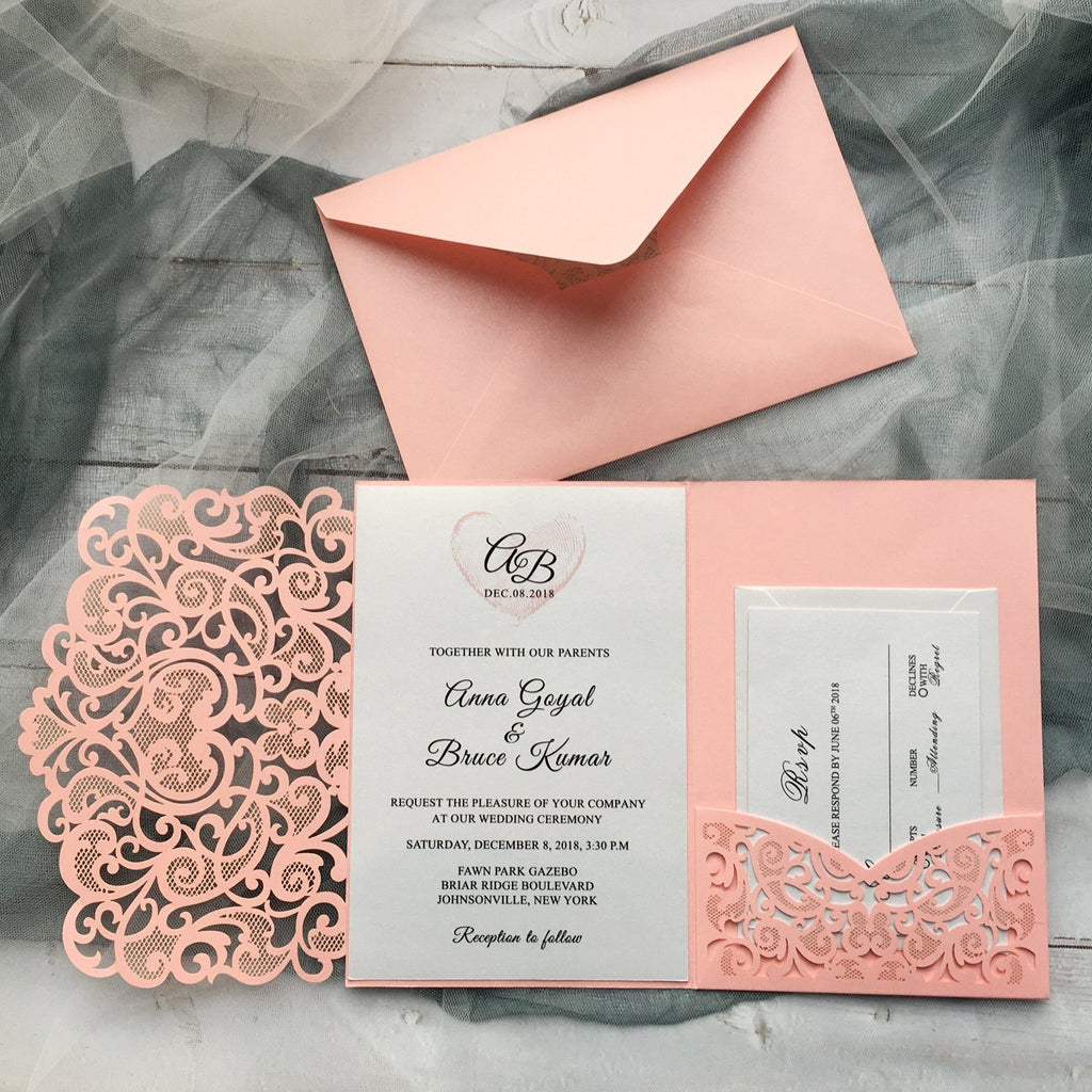 Pink Laser Cut Wedding Invitation suit, Unique Wedding Invitation Cards With RSVP Picky Bride 