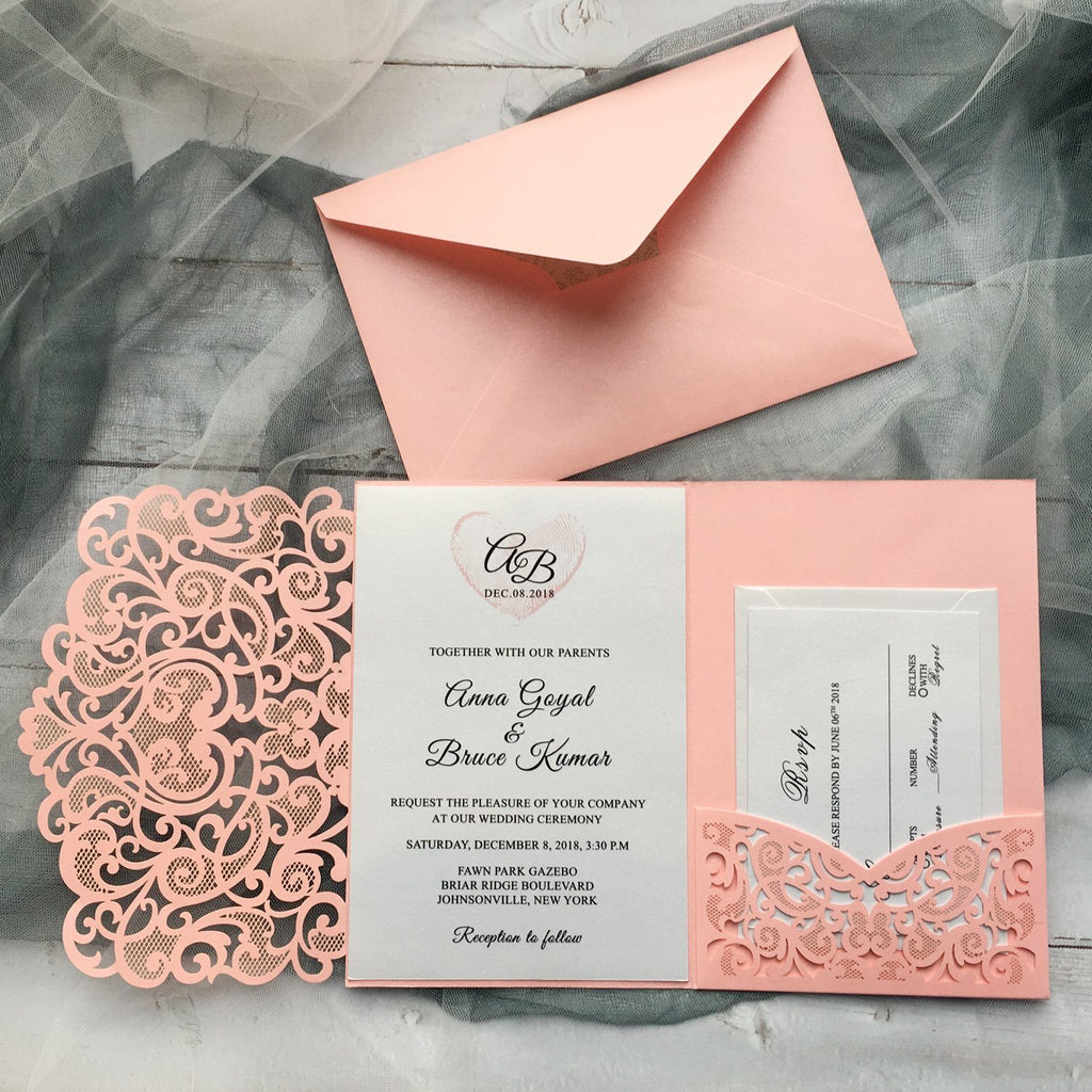 Pink Laser Cut Wedding Invitation suit, Unique Wedding Invitation Cards With RSVP Picky Bride