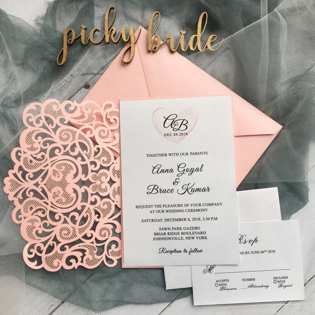 Pink Laser Cut Wedding Invitation suit, Unique Wedding Invitation Cards With RSVP Picky Bride