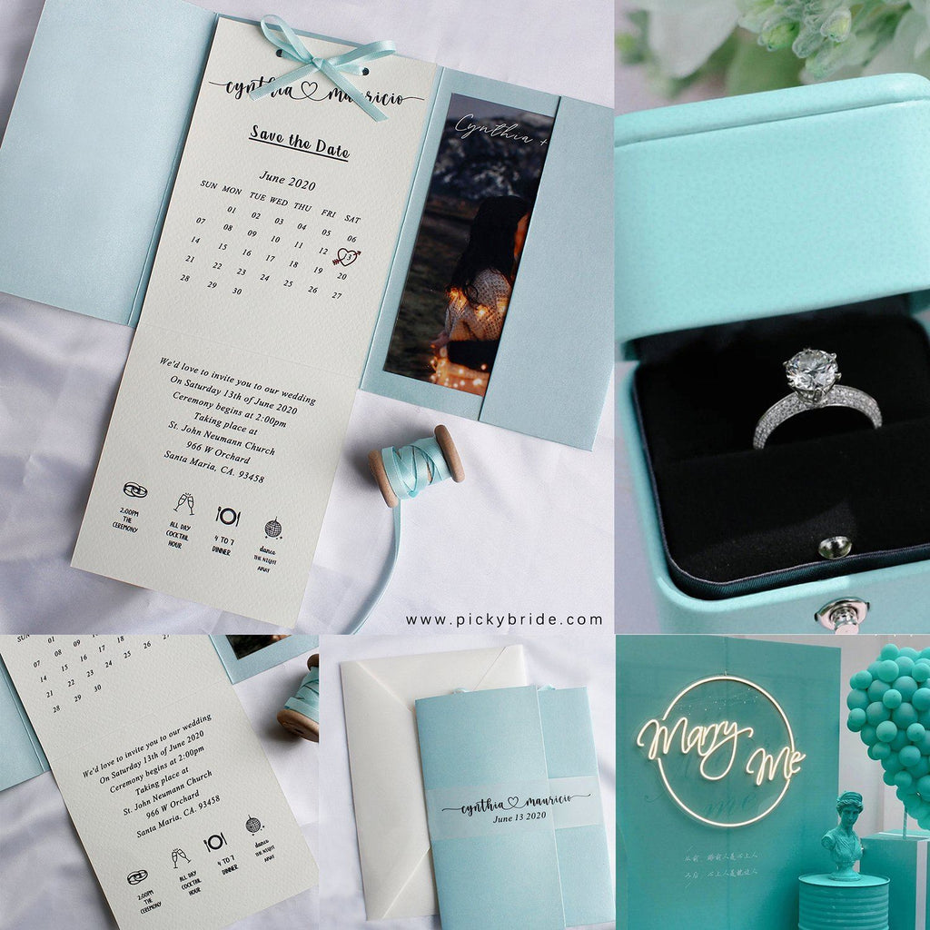 Pocket-fold Wedding Invitations, Handmade Paper Invitations with Ribbon Save the Date Picky Bride