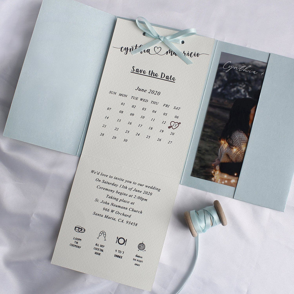 Pocket-fold Wedding Invitations, Handmade Paper Invitations with Ribbon Save the Date Picky Bride