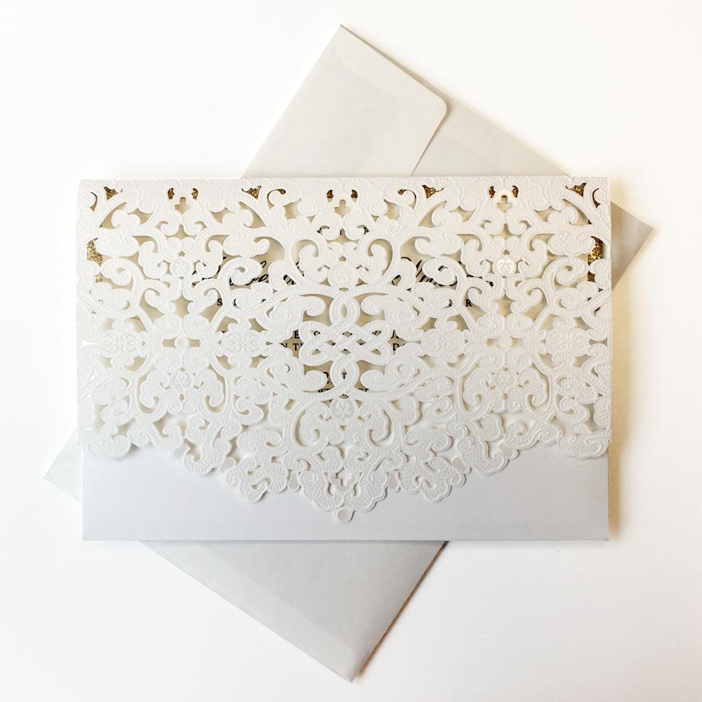 Pocket White Lace Wedding Invitation Cards, Bridal Shower Invitations Picky Bride