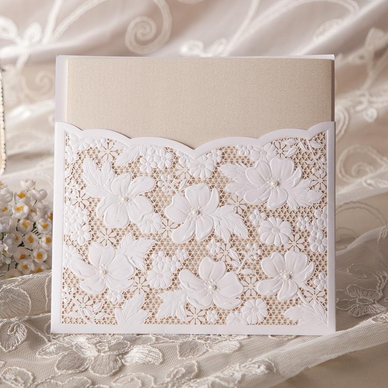 Pure White Lace Wedding Invitation With Envelopes and Seals - Set of 50 Pcs Picky Bride