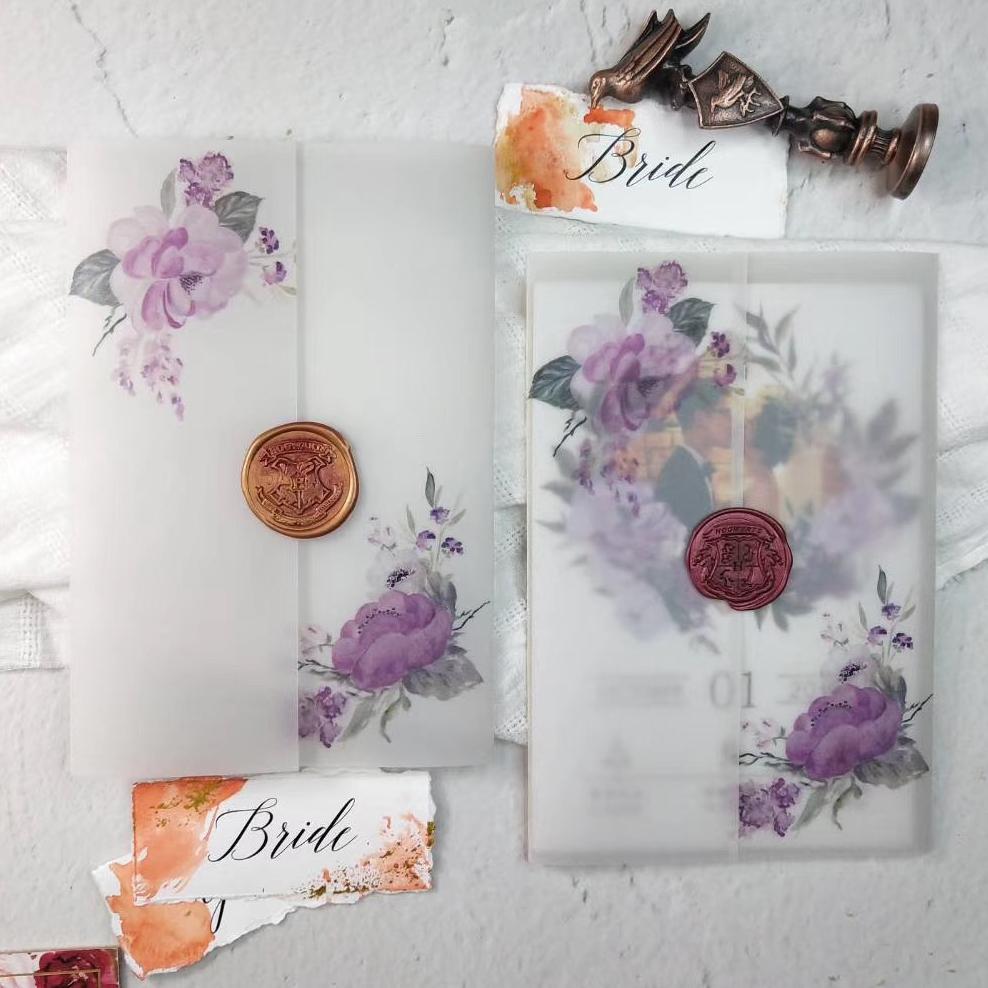 Purple Floral Vellum Wrap Wedding Invitation, Personalized Invite Design, Transparent Invites Picky Bride