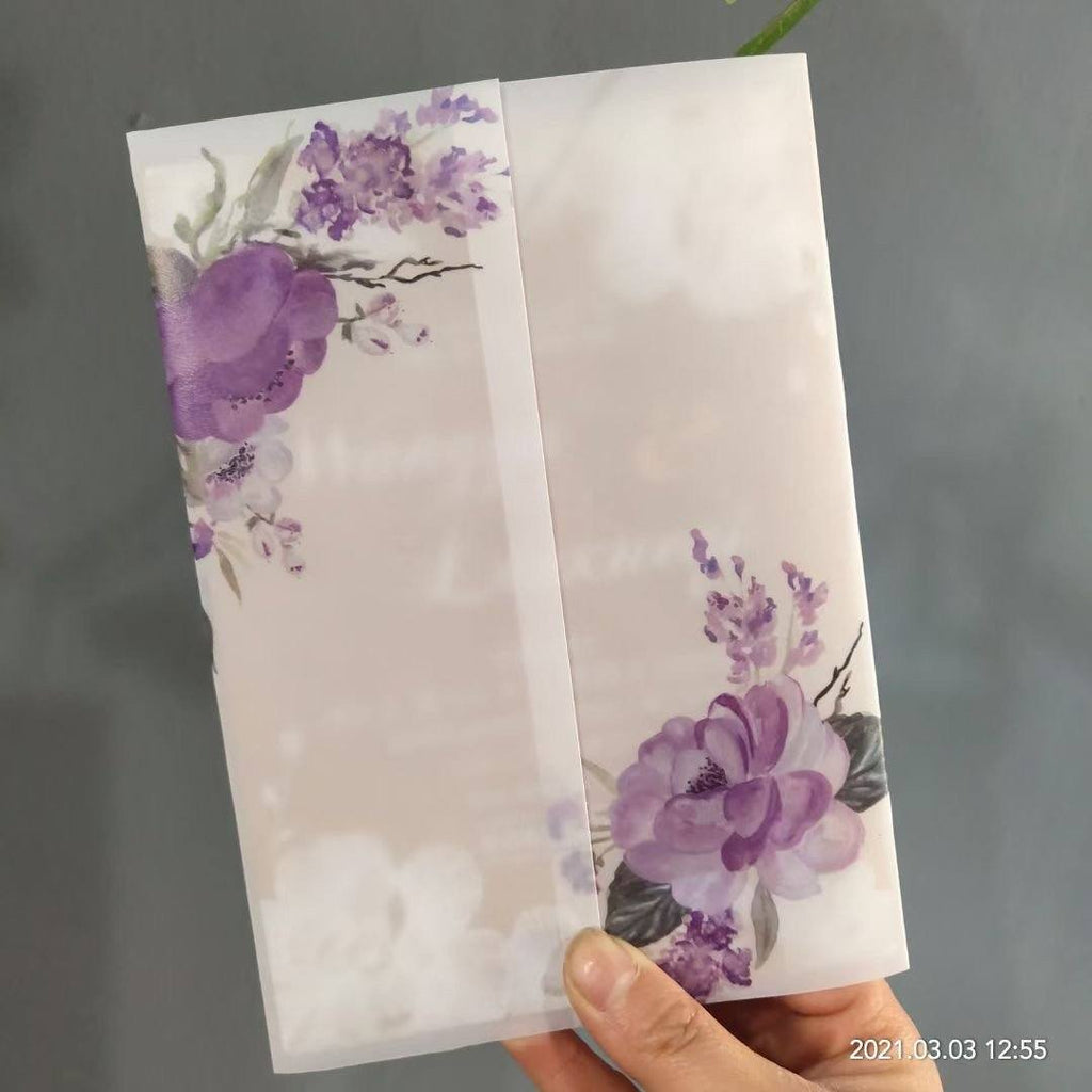 Purple Floral Vellum Wrap Wedding Invitation, Personalized Invite Design, Transparent Invites Picky Bride 
