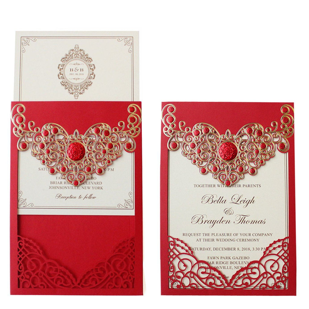 Red Lace Wedding Invitation Cards Red Wedding Theme PB2000-R Picky Bride