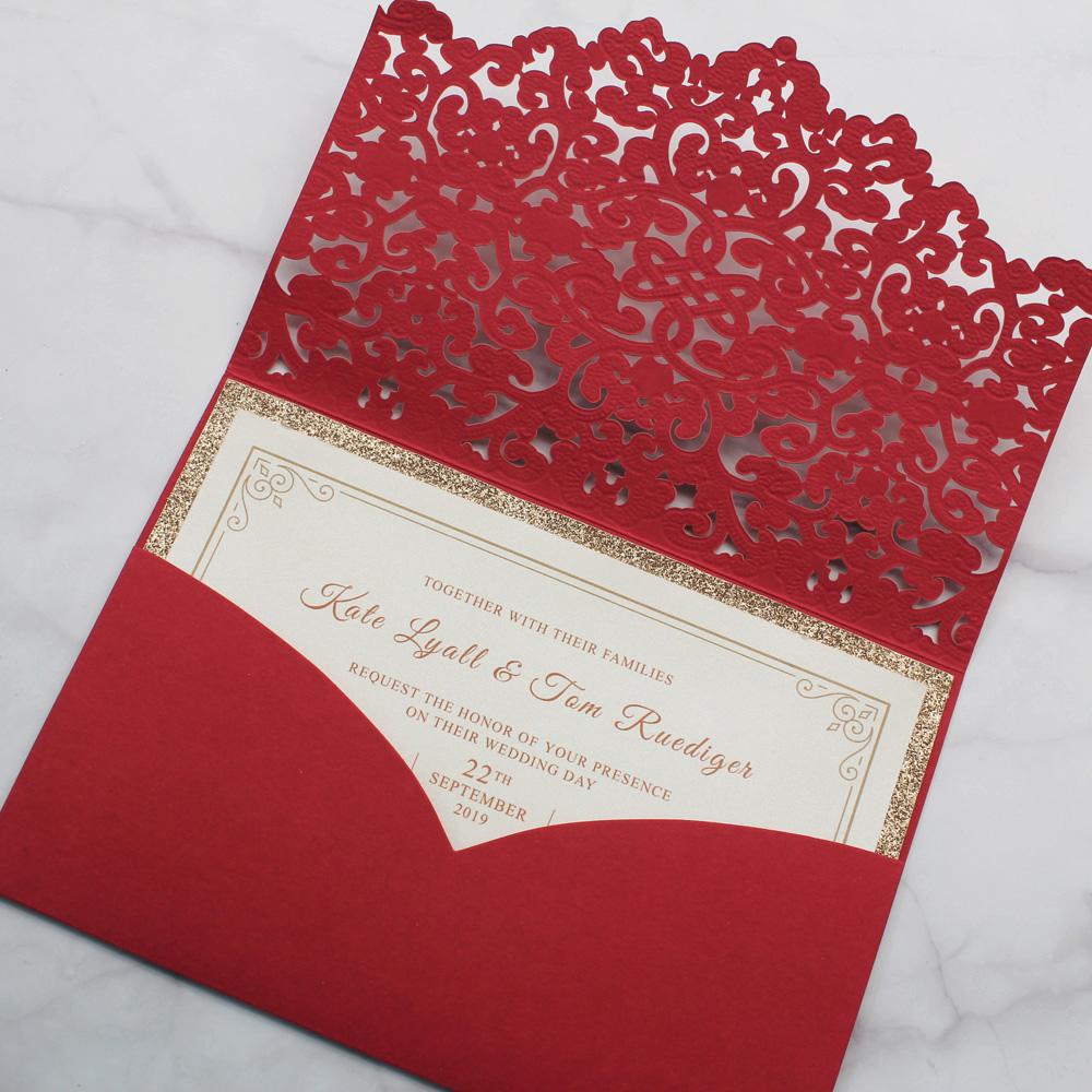 Red Pocket Wedding Invitations, Red Invite Cards PB1988-R Picky Bride