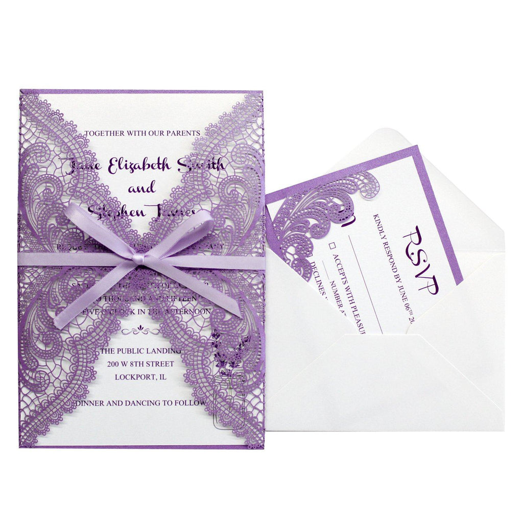 Romantic Purple Lace Wedding Invitations With RSVP Cards Picky Bride