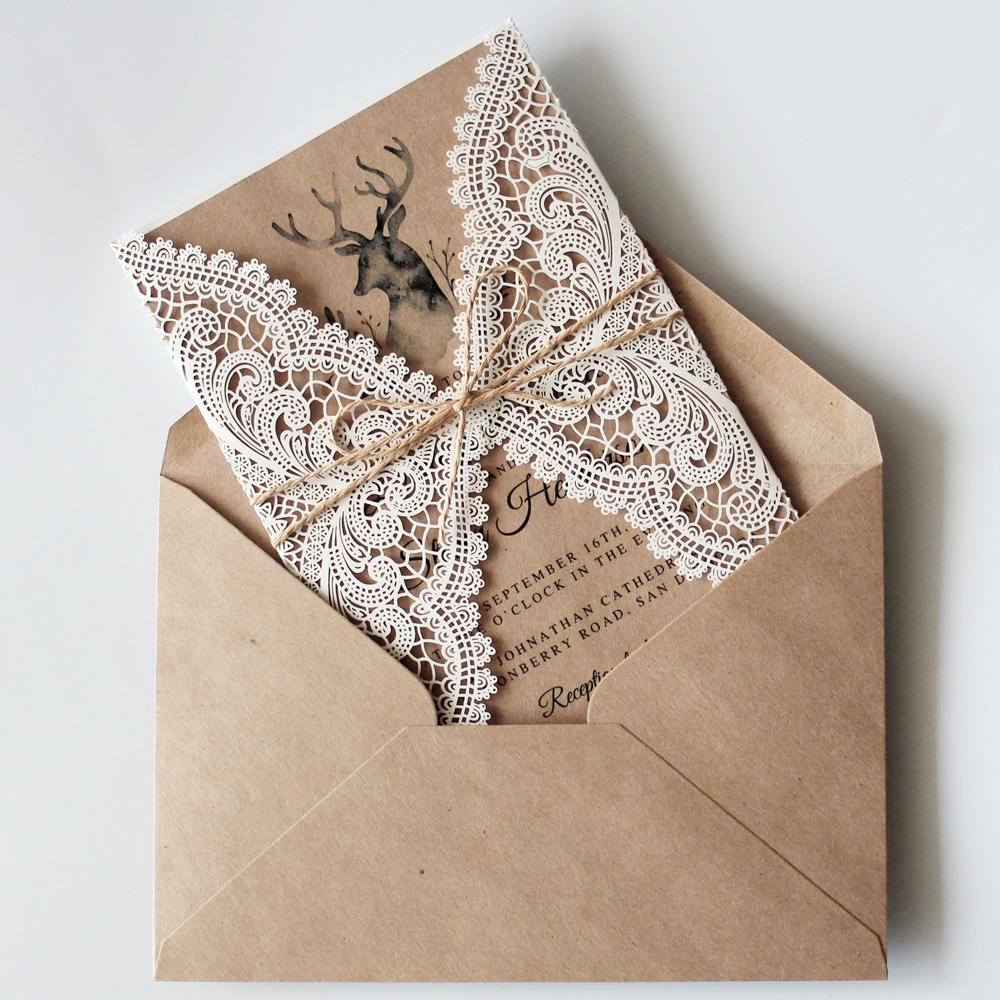 Rustic White Lace Wedding Invitation Cards with RSVP Cards Kraft Paper PB1990-R Picky Bride 