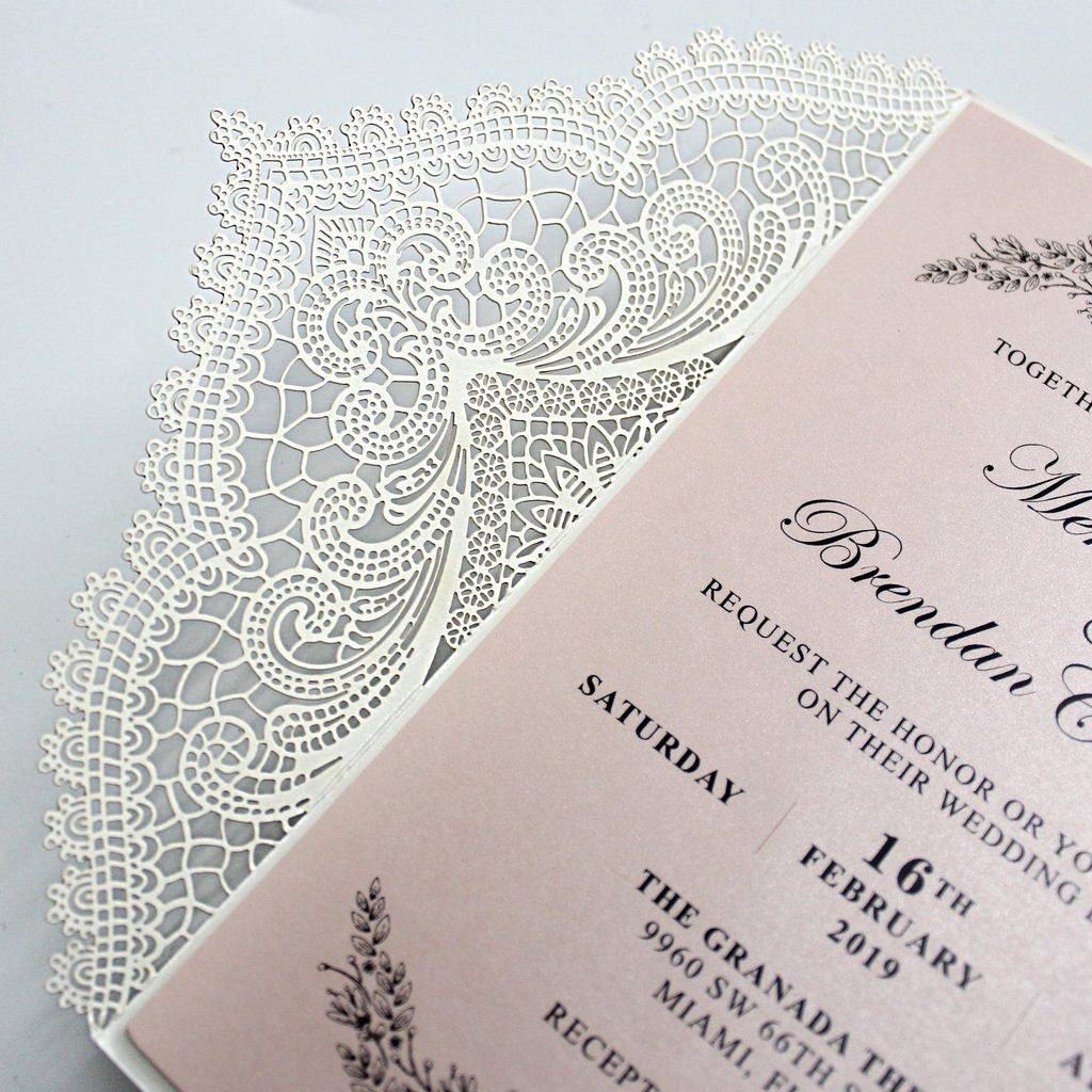 Shimmer Blush Pink Wedding Invitation with Silver Ribbon Bow and Envelopes Picky Bride