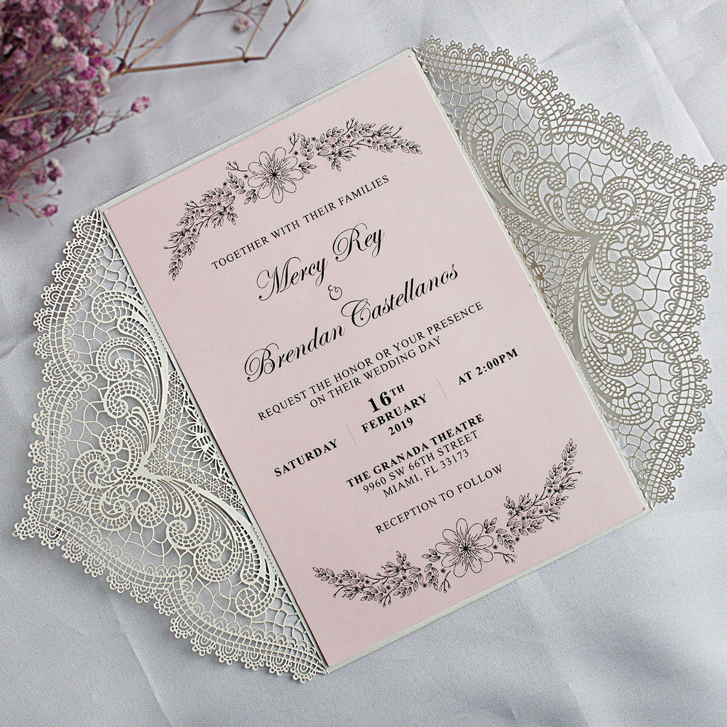 Shimmer Blush Pink Wedding Invitation with Silver Ribbon Bow and Envelopes Picky Bride