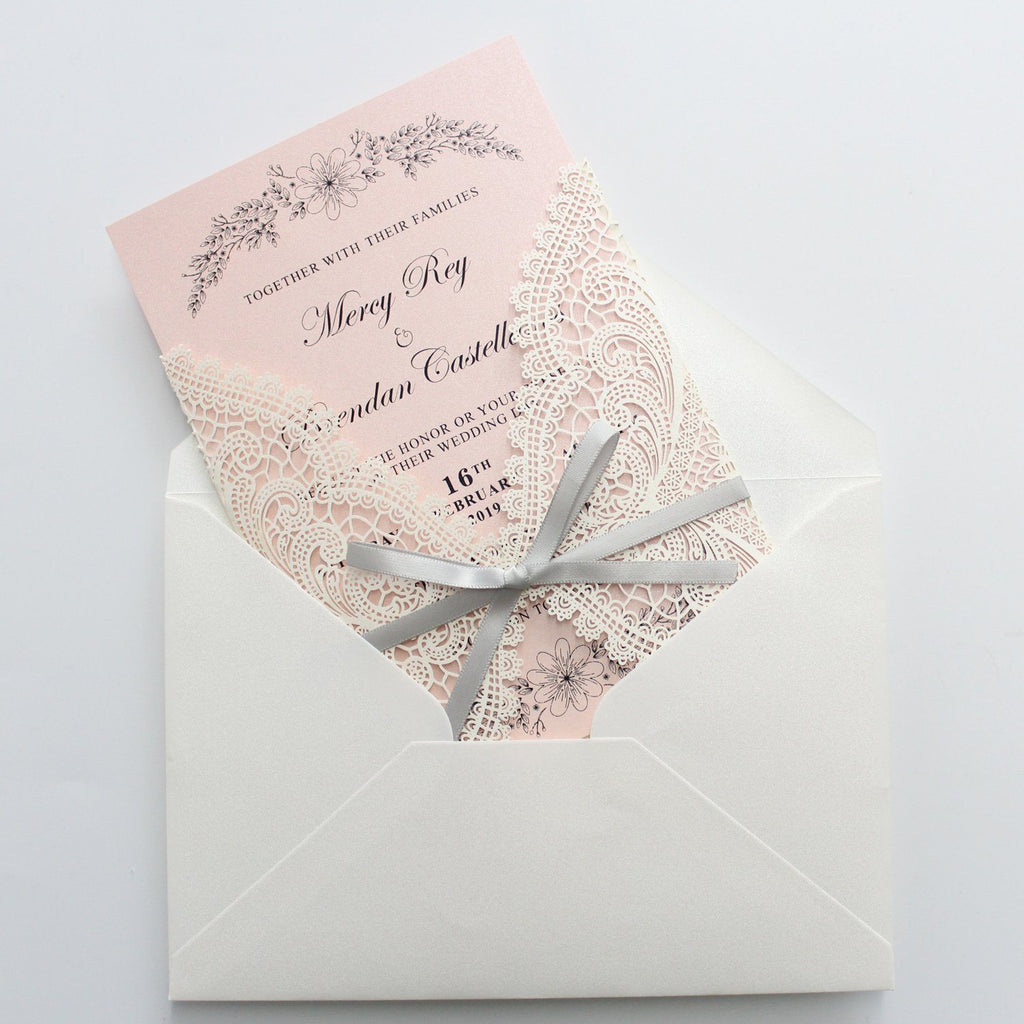 Shimmer Blush Pink Wedding Invitation with Silver Ribbon Bow and Envelopes Picky Bride