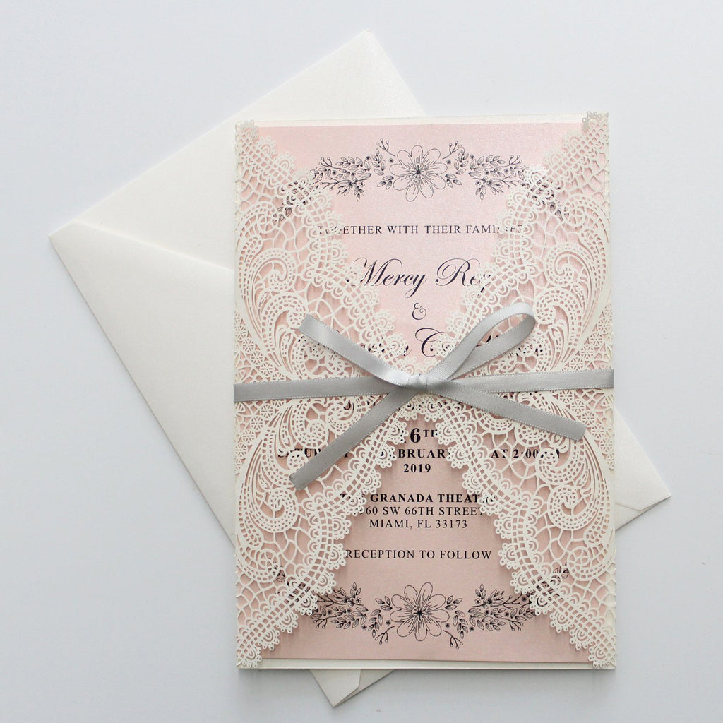 Shimmer Blush Pink Wedding Invitation with Silver Ribbon Bow and Envelopes Picky Bride 