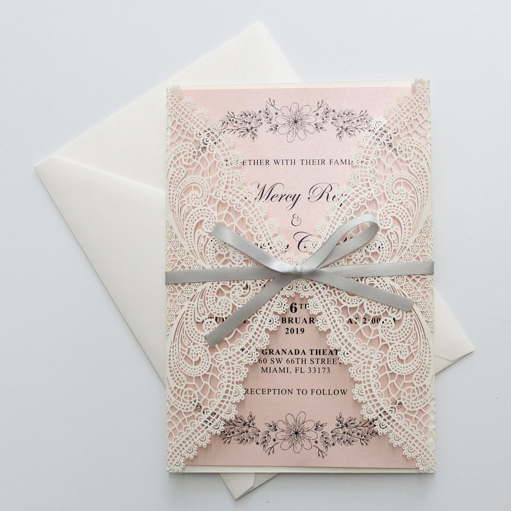 Shimmer Blush Pink Wedding Invitation with Silver Ribbon Bow and Envelopes Picky Bride