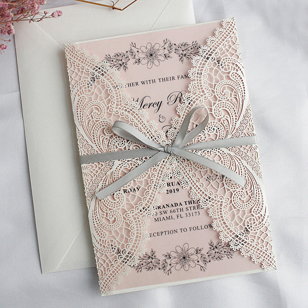 Shimmer Blush Pink Wedding Invitation with Silver Ribbon Bow and Envelopes Picky Bride