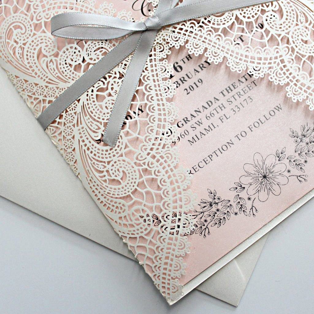 Shimmer Blush Pink Wedding Invitation with Silver Ribbon Bow and Envelopes Picky Bride