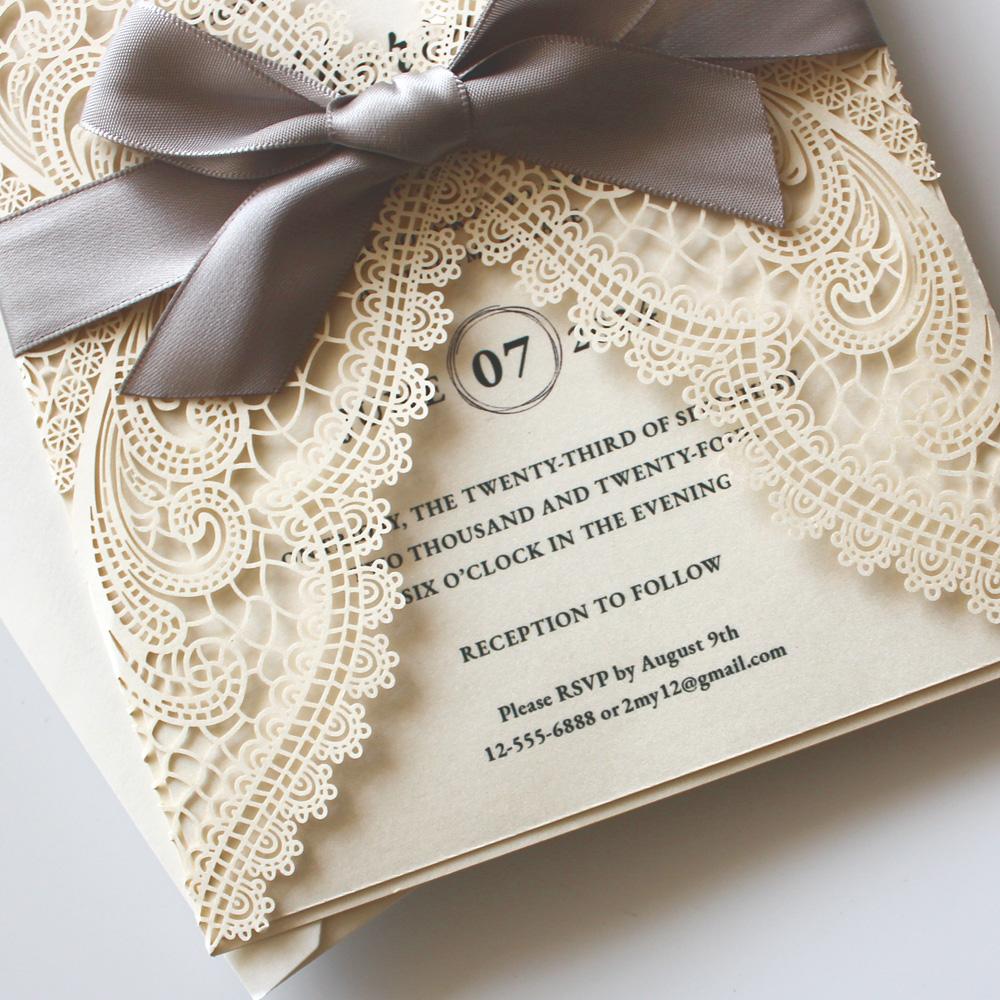 Silver Ribbon Laser Cut Wedding Invitations by Picky Bride Picky Bride