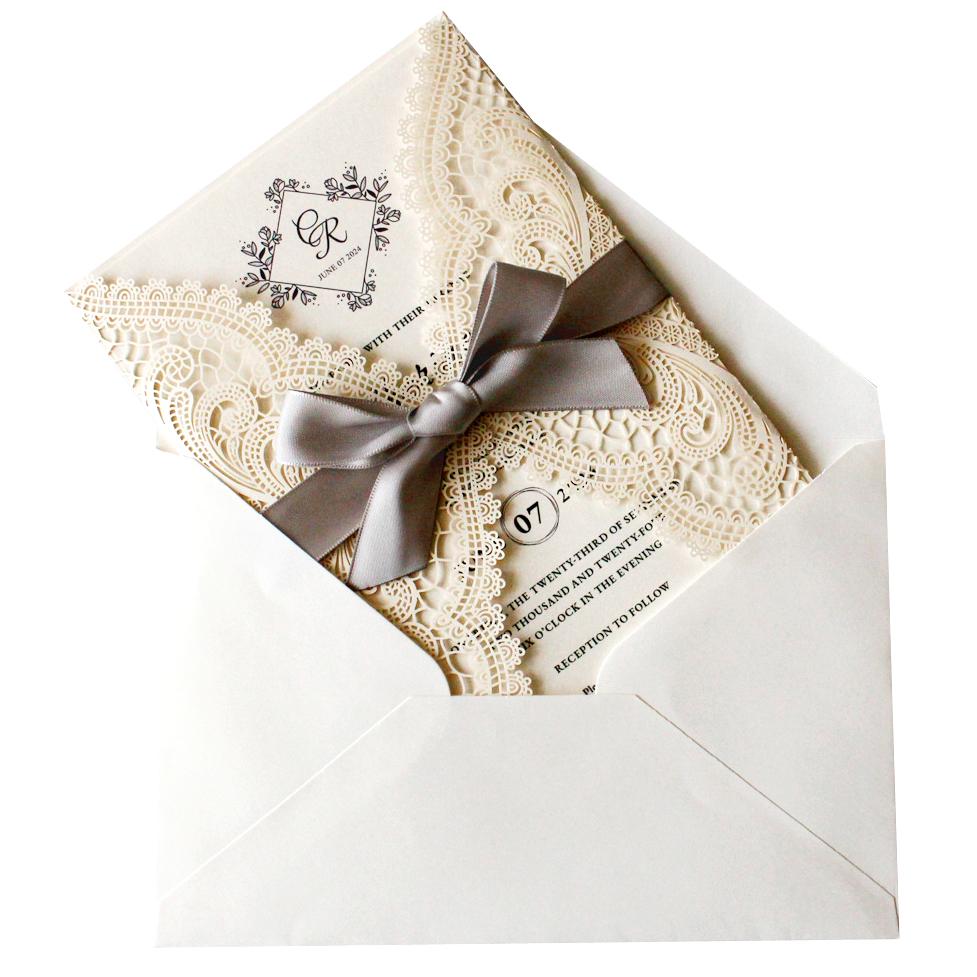 Silver Ribbon Laser Cut Wedding Invitations by Picky Bride Picky Bride