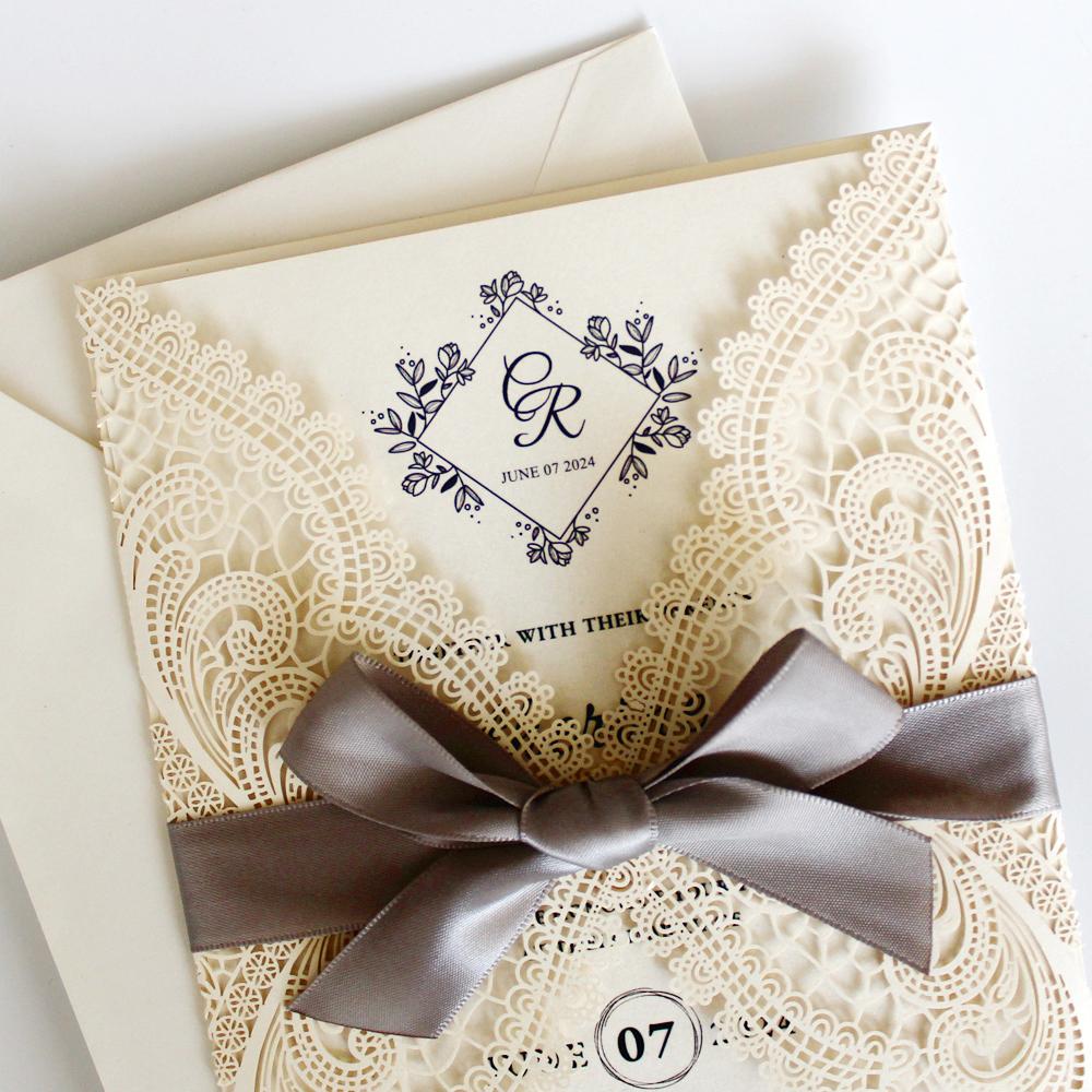 Silver Ribbon Laser Cut Wedding Invitations by Picky Bride Picky Bride