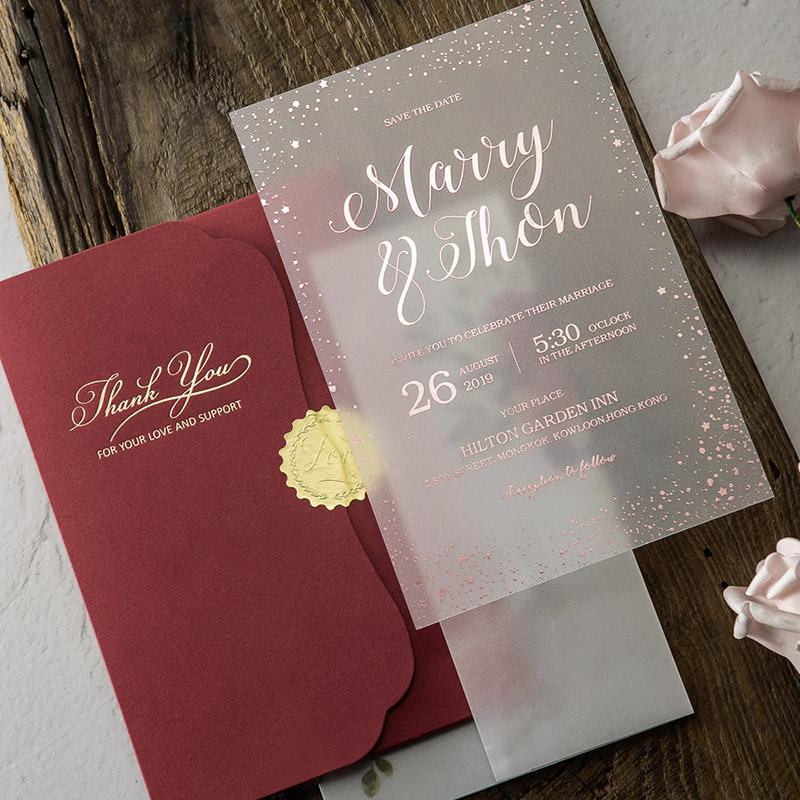 Translucent Acrylic Wedding Invitations Calligraphy Frosted Foil Gold Invitation, Burgundy Pocket Invitation Picky Bride 