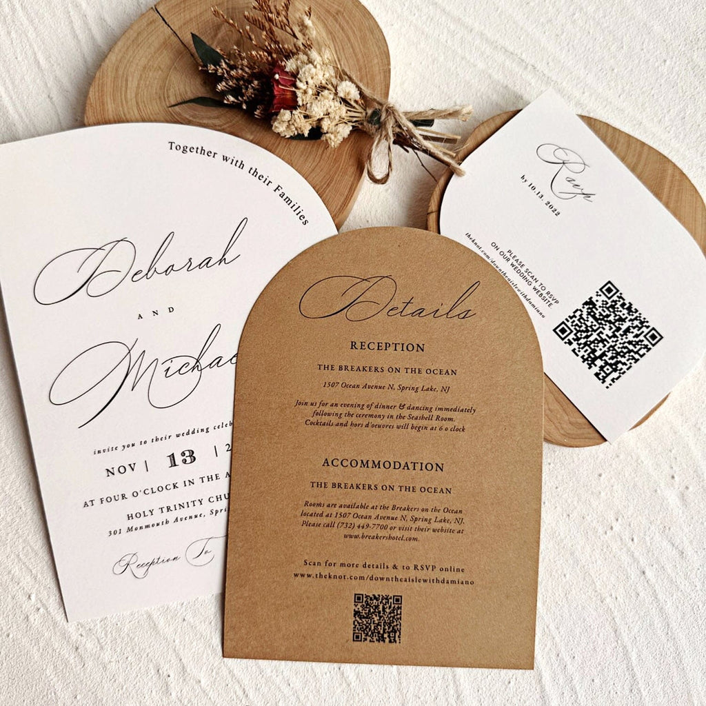 Vintage Arch Wedding Invitation Suite, Kraft Paper Details with QR Code RSVP Cards, Minimalistic Modern Arch Invitations Wedding Ceremony Supplies Picky Bride