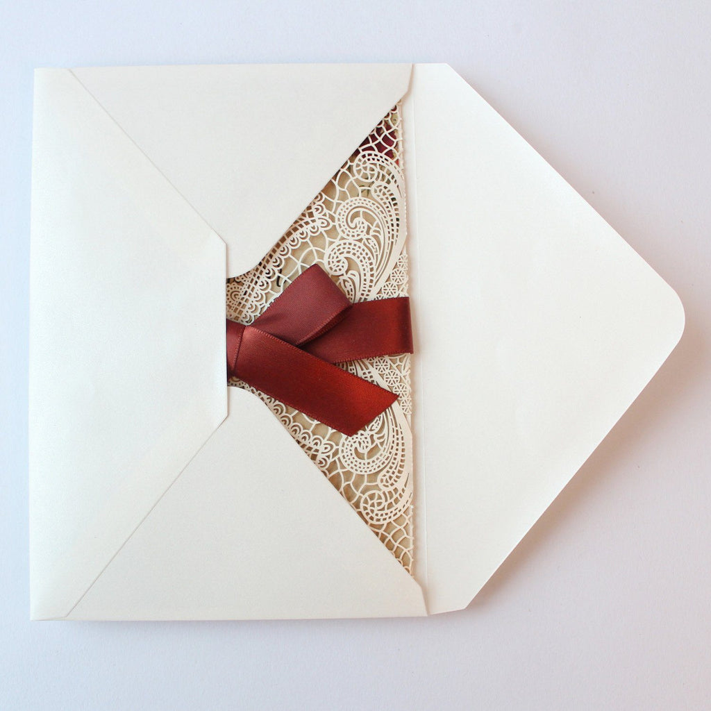 Vintage Wedding Invitation Cards With Burgundy Ribbon Bow Picky Bride