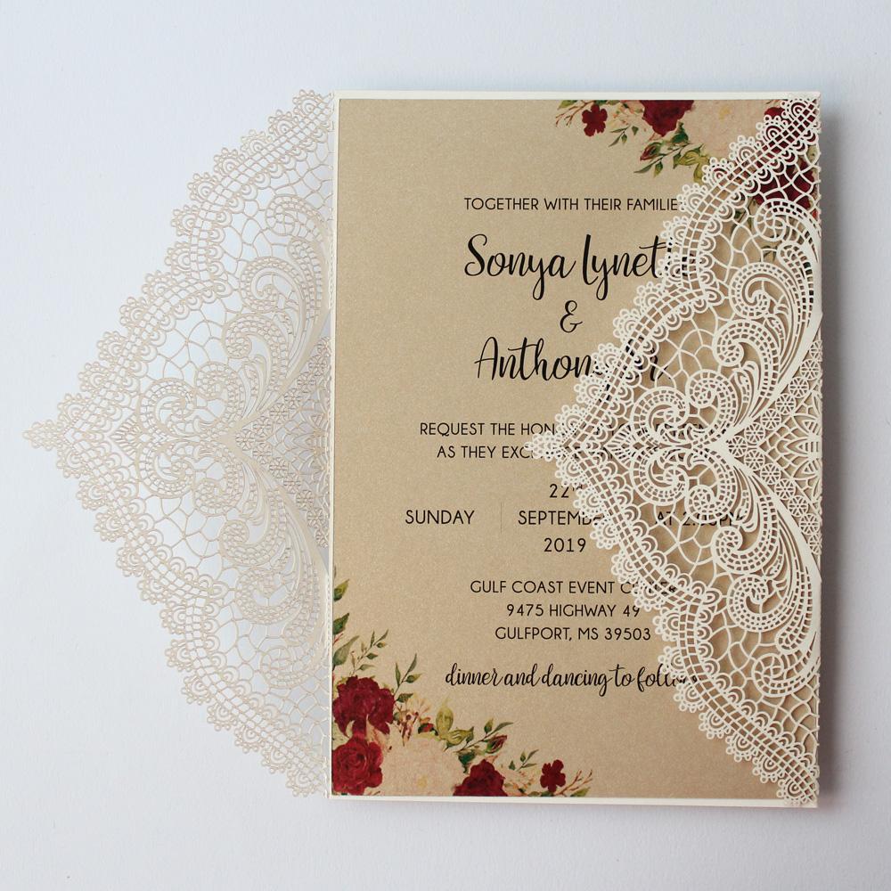 Vintage Wedding Invitation Cards With Burgundy Ribbon Bow Picky Bride