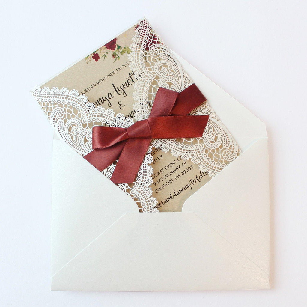 Vintage Wedding Invitation Cards With Burgundy Ribbon Bow Picky Bride