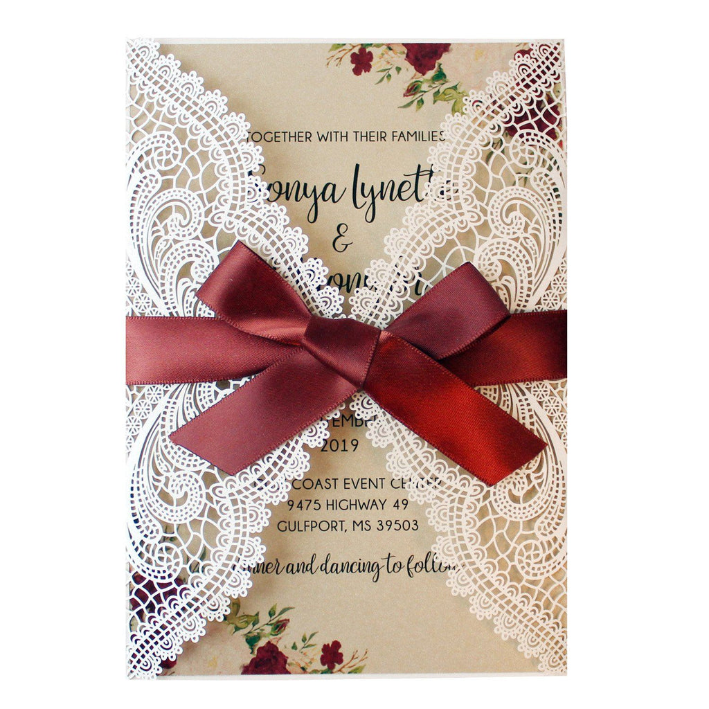 Vintage Wedding Invitation Cards With Burgundy Ribbon Bow Picky Bride