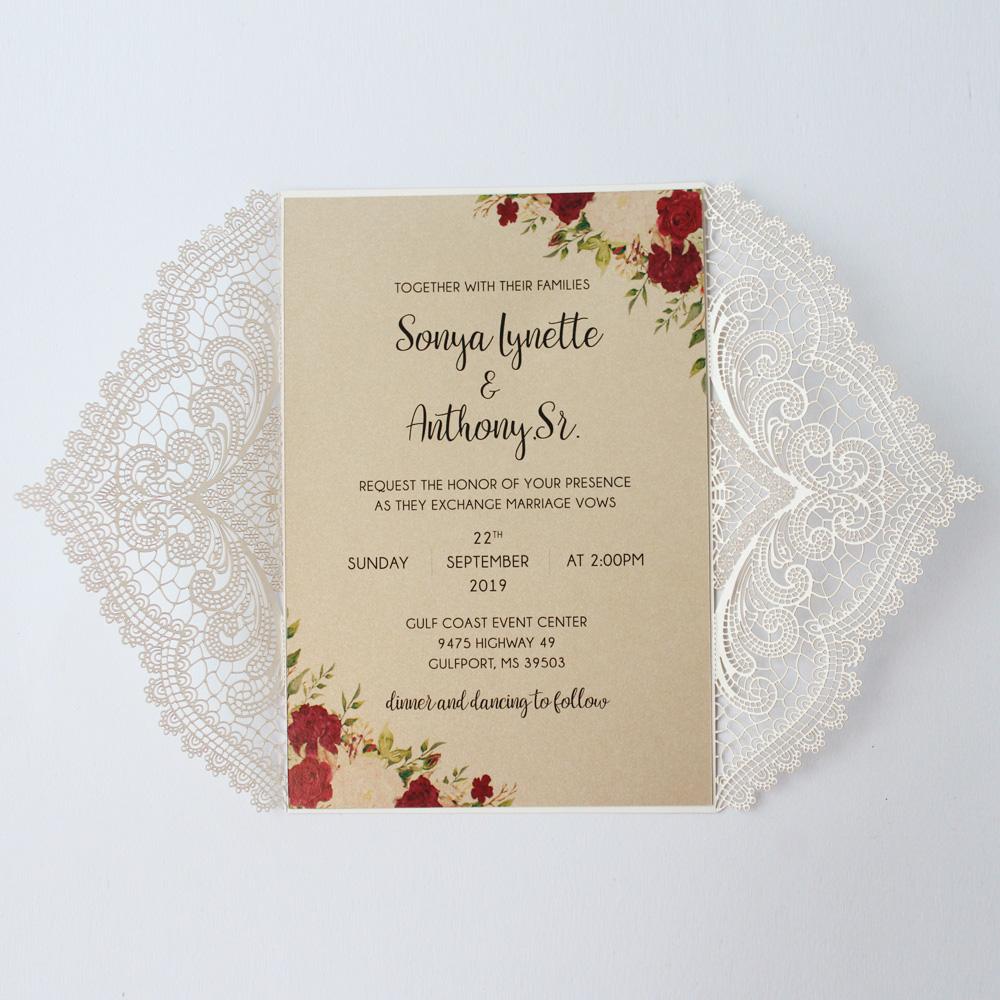 Vintage Wedding Invitation Cards With Burgundy Ribbon Bow Picky Bride