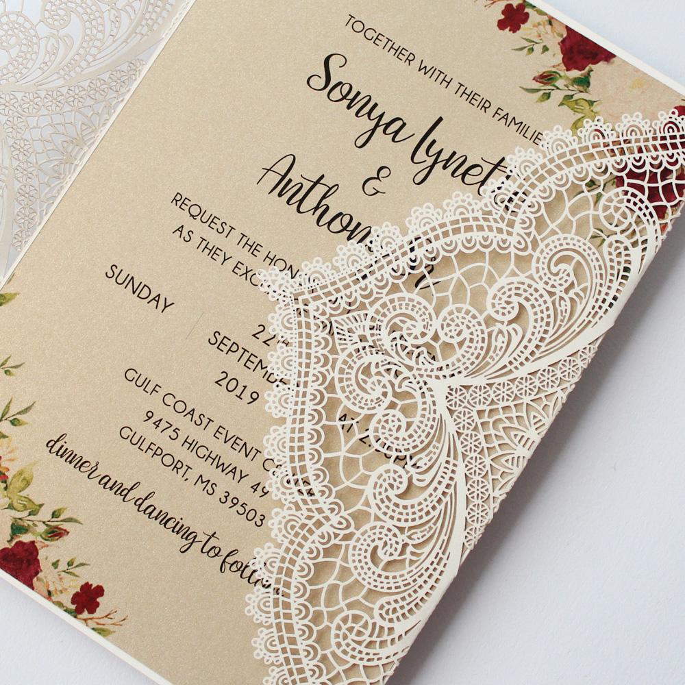 Vintage Wedding Invitation Cards With Burgundy Ribbon Bow