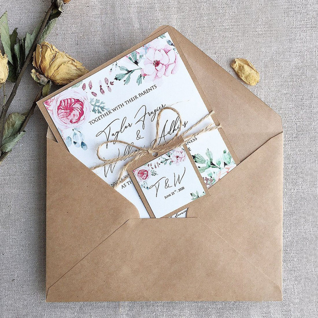 Wedding Invitations Rustic, Kraft Paper & Flowers Invite Cards, Spring Wedding Theme Picky Bride