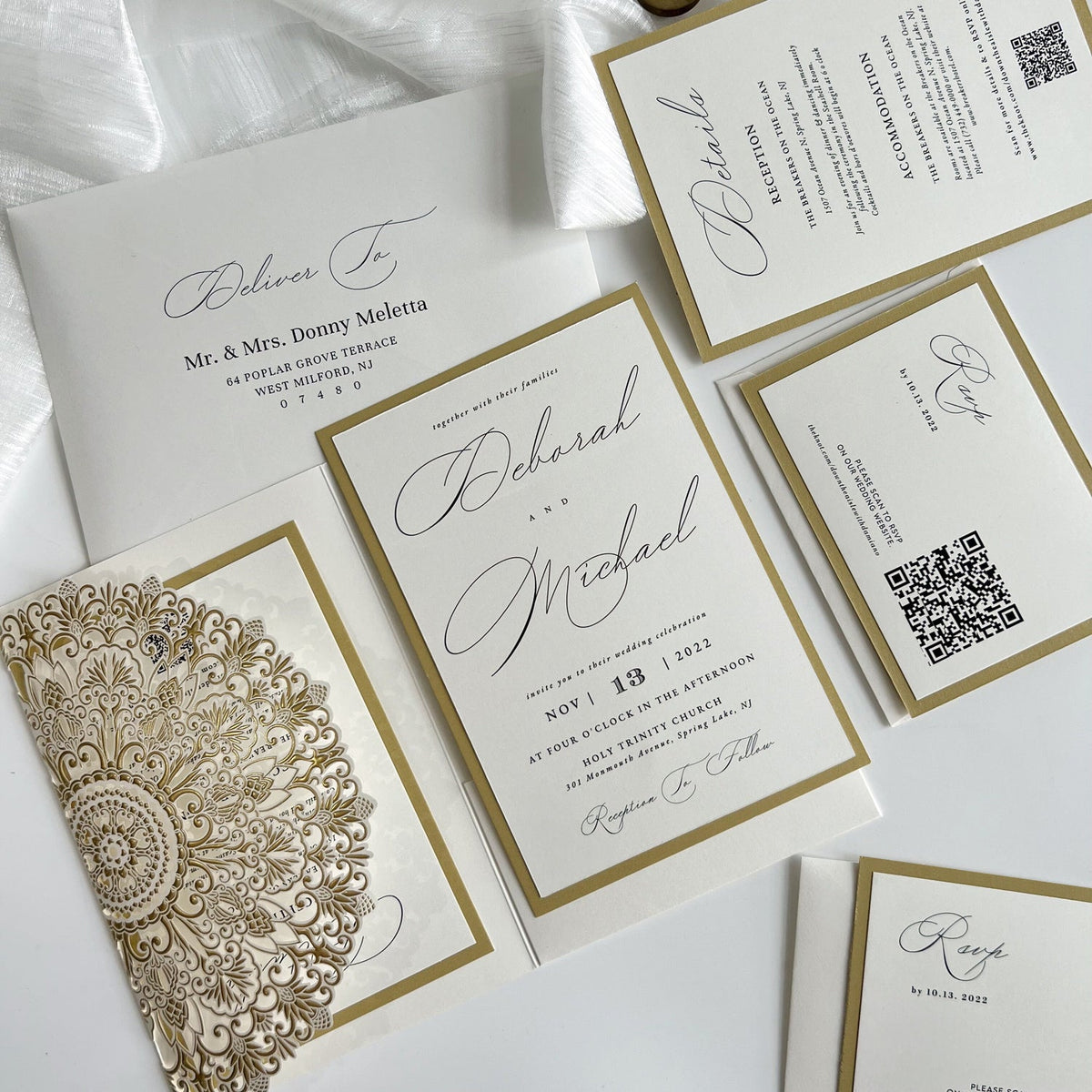 White and Gold Pocket Wedding Invitations with Details Cards