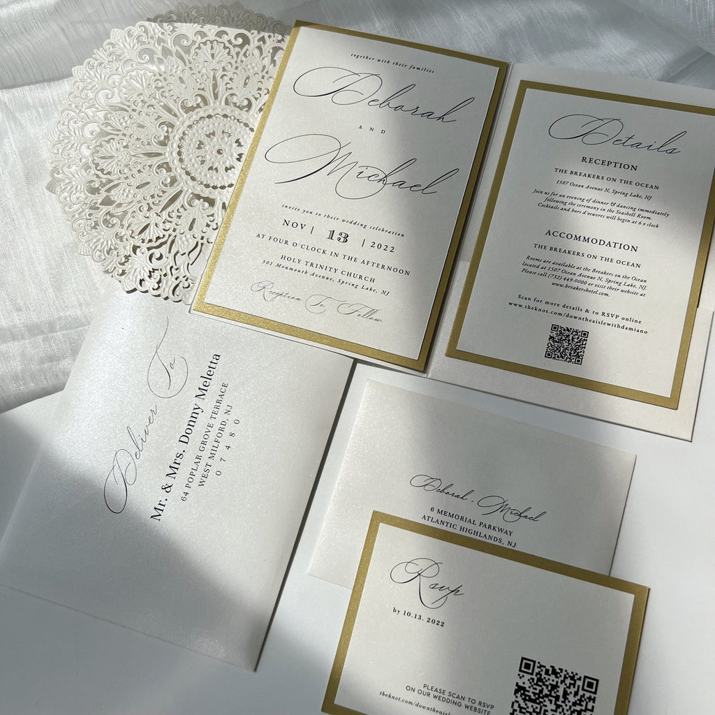 White and Gold Pocket Wedding Invitations with Details Cards Wedding Ceremony Supplies Picky Bride 