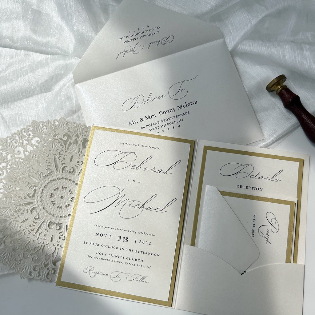 White and Gold Pocket Wedding Invitations with Details Cards Wedding Ceremony Supplies Picky Bride 