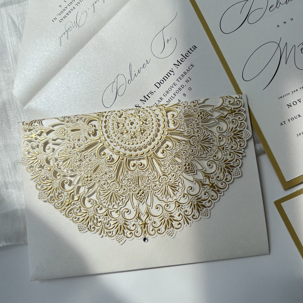 White and Gold Pocket Wedding Invitations with Details Cards Wedding Ceremony Supplies Picky Bride 