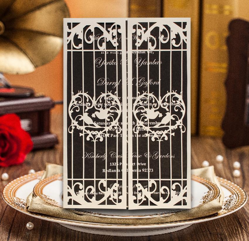White Black Wedding Invitation, Gate Fold Wedding Invitation Set With Birds Design Picky Bride