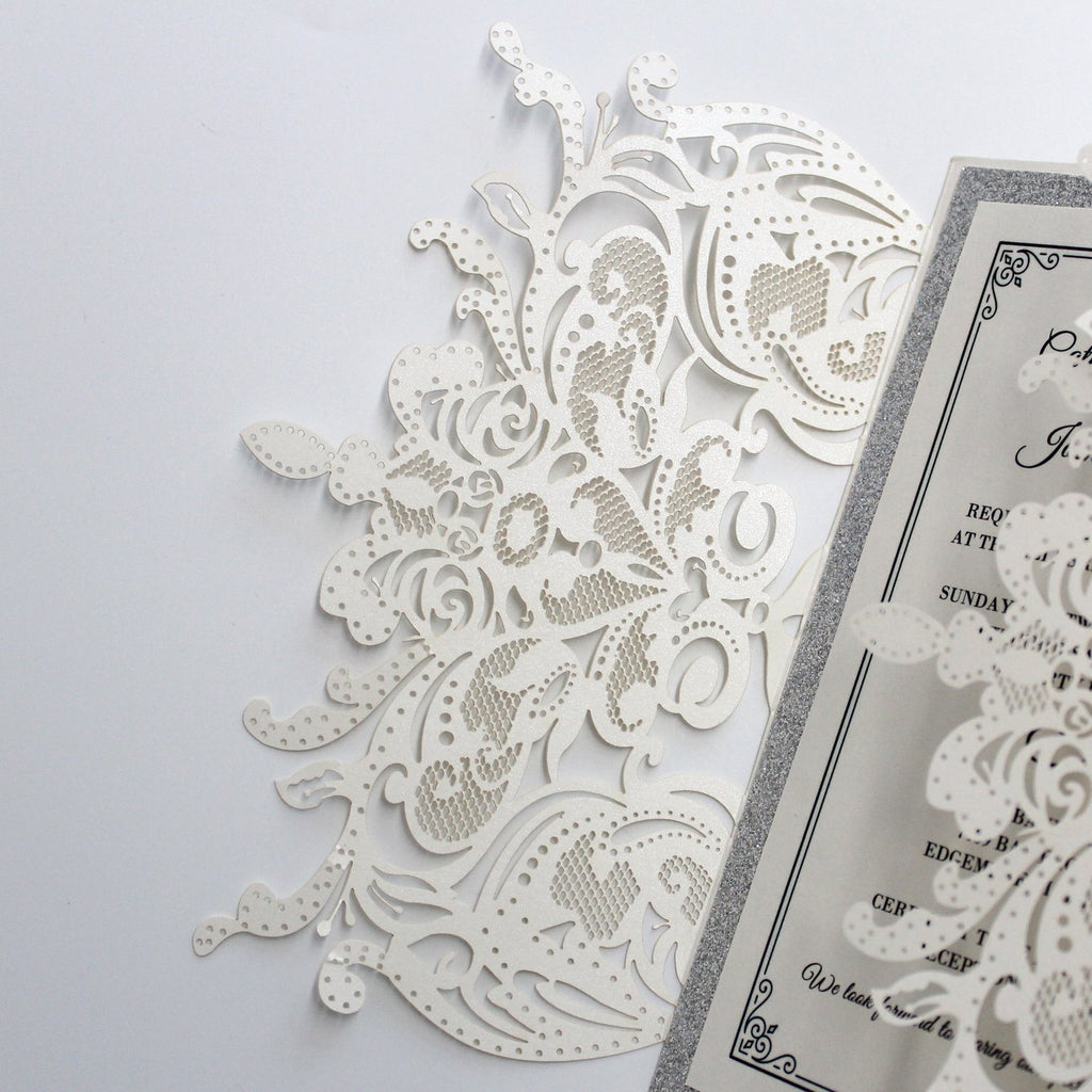 White Lace Wedding Invitations, Glitter Wedding Invitations Picky Bride