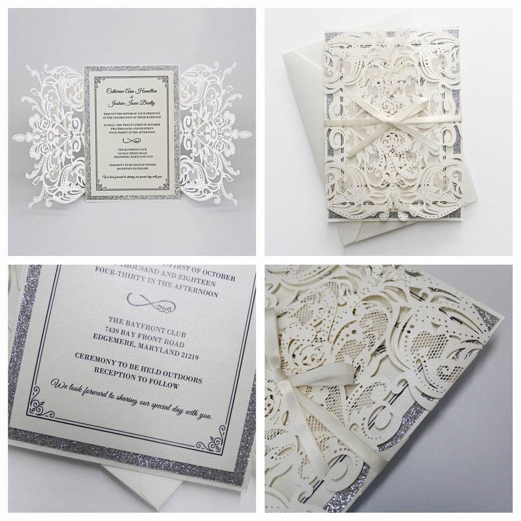 White Lace Wedding Invitations, Glitter Wedding Invitations Picky Bride