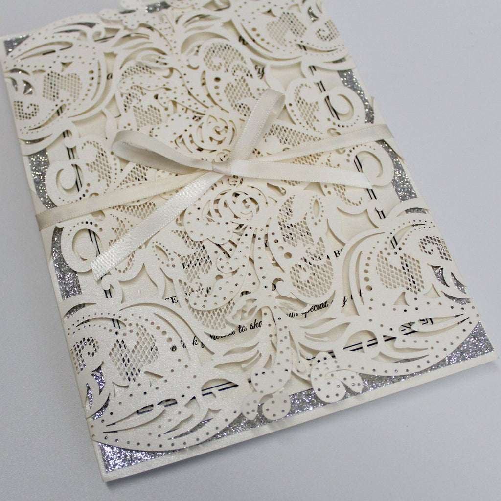 White Lace Wedding Invitations, Glitter Wedding Invitations Picky Bride