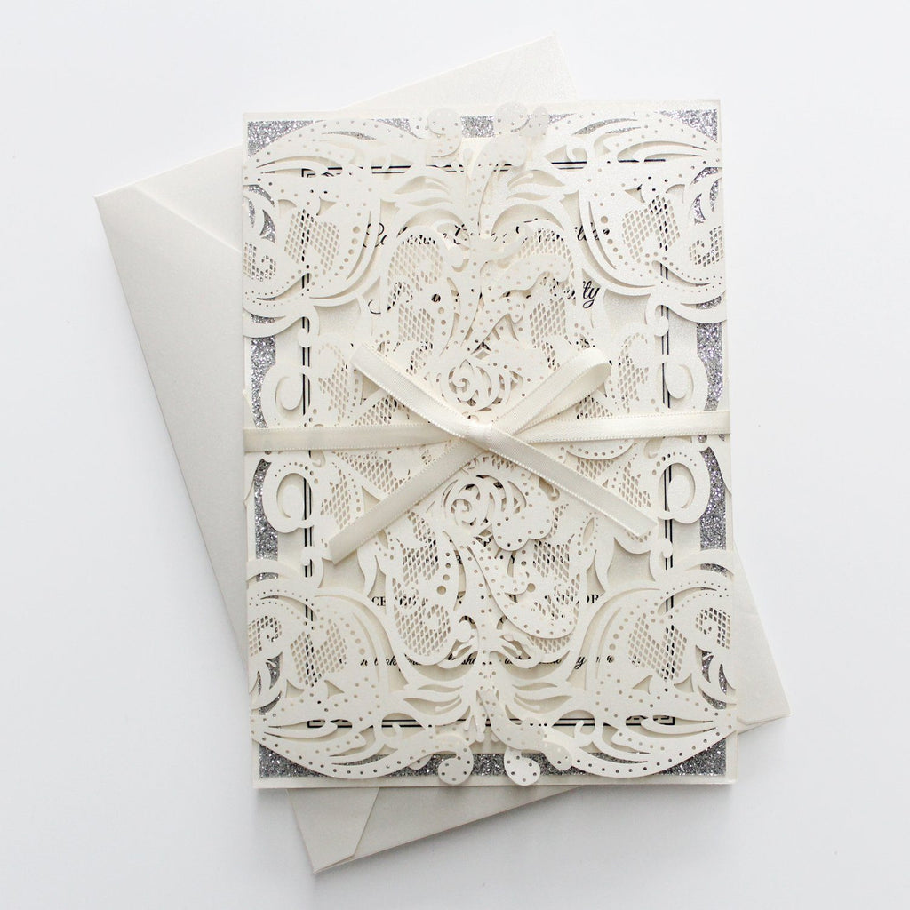 White Lace Wedding Invitations, Glitter Wedding Invitations Picky Bride